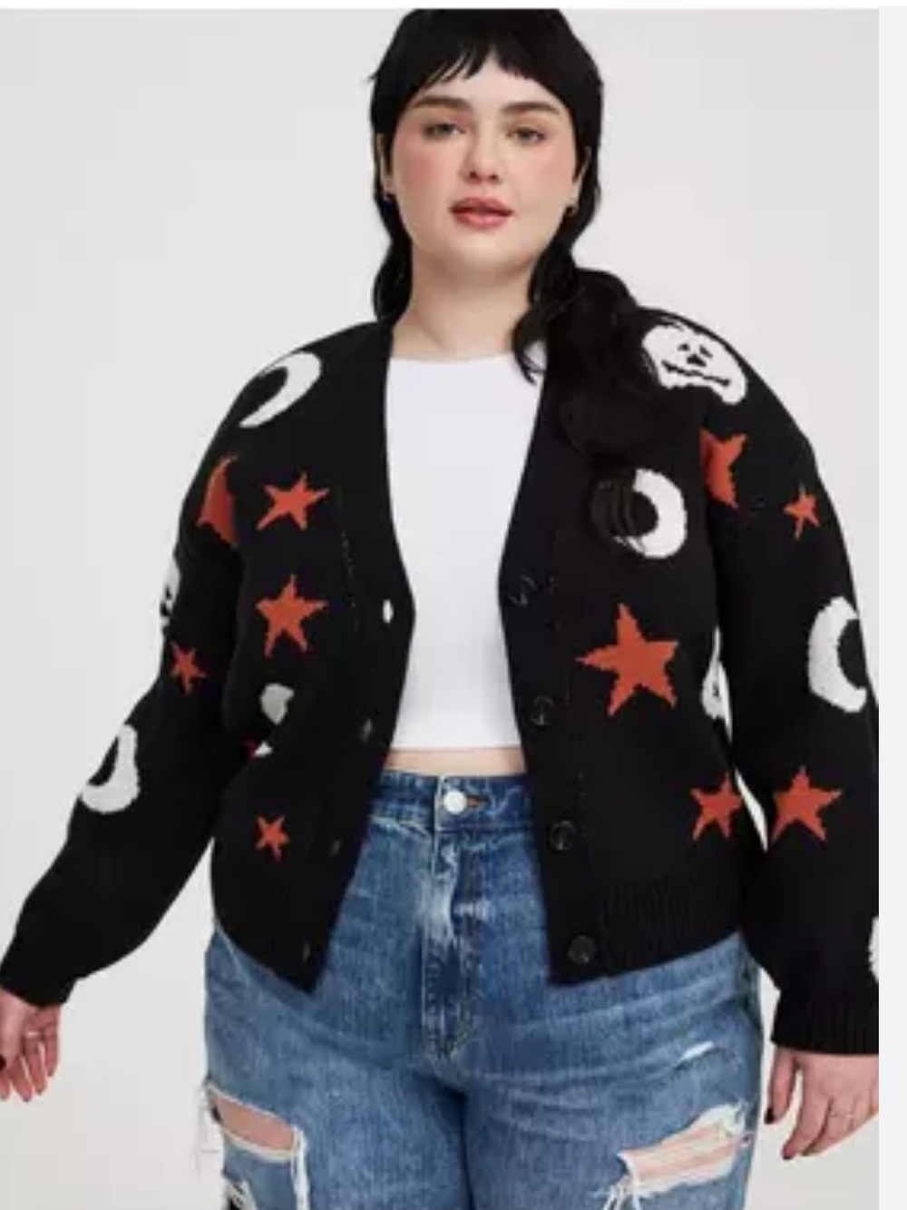 torrid Black Halloween Cardigan with White Moons and Orange Stars